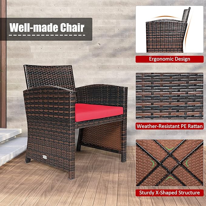 Tangkula 3-Piece Outdoor PE Rattan Furniture Set, Patio Conversation Set w/Chair & Storage Coffee Table, Detachable Cushion, Stable X-Shaped Frame, Perfect for Garden, Backyard, Poolside (Red)