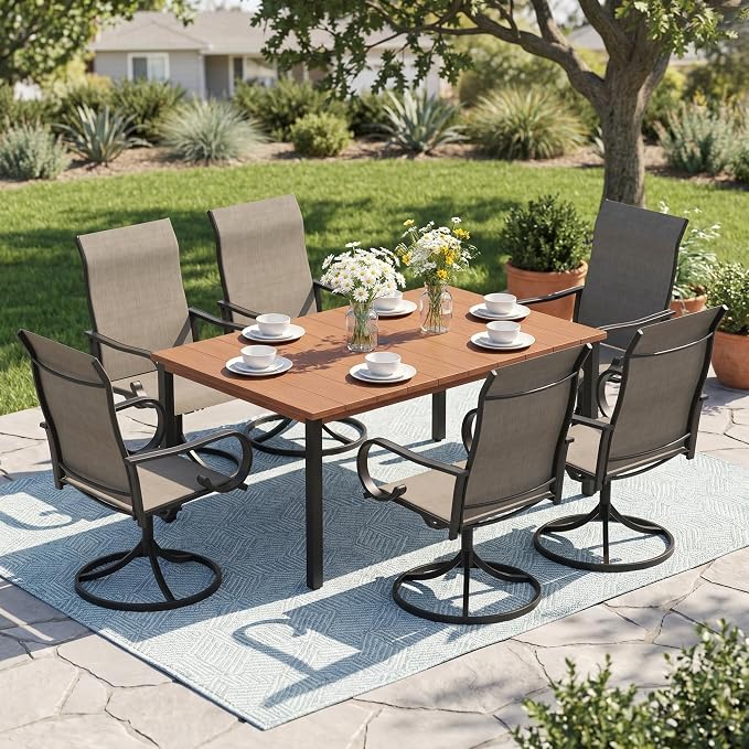 7 Pieces Patio Dining Set, 6 Outdoor Swivel Dining Chairs with 63" Rectangle Metal Outdoor Dining Table with Umbrella Hole for Garden Backyard Deck, Mixed Brown & Walnut