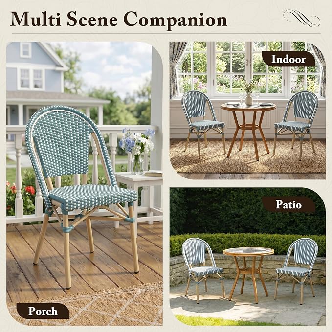 PURPLE LEAF 3-Piece French Bistro Dining Set Round Outdoor Patio Table and 2 Armless Chairs Tempered Glass Top PE Rattan Champagne Print Finish Aluminum Frame Light Blue