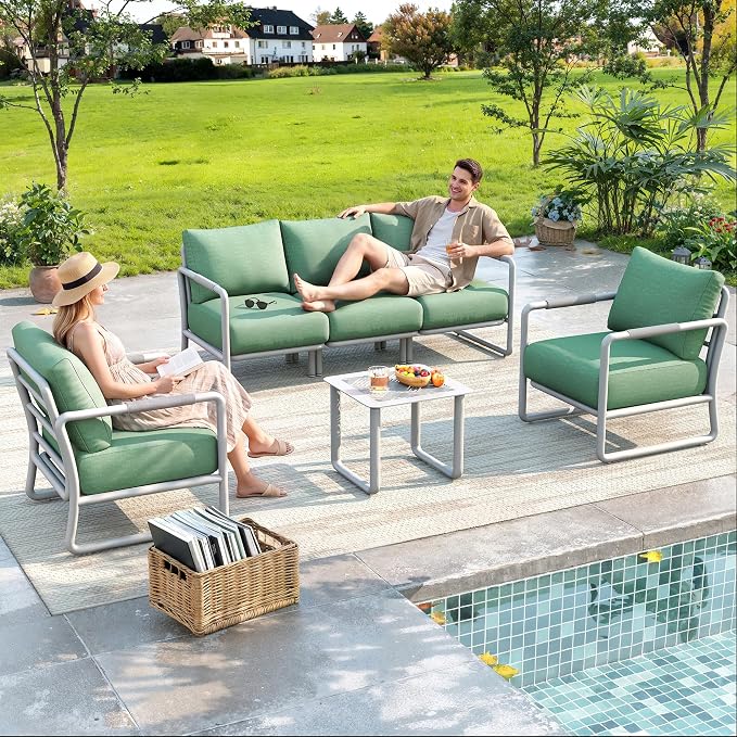 5-Seat Outdoor Aluminum Patio Sofa Set with Coffee Table, Deep Seating Conversation Set with 6.5" Cushions, Modern All-Weather Furniture for Garden, Balcony, Poolside, White