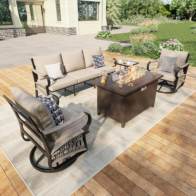 5 Pieces Outdoor Patio Conversation Sets, Outdoor Furniture Set Metal 3-Seater 2 Swivel Rockers with Side Tables and Fire Pit Table for Backyard Deck Porch Poolside, Beige