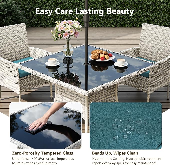 Outdoor Dining Set, 5-Piece Patio Furniture Set with Tempered Glass Table and 4 Cushioned Chairs, Dual-Strand Wicker Rattan, Balcony Furniture for Backyard, Garden, Deck,– Turquoise