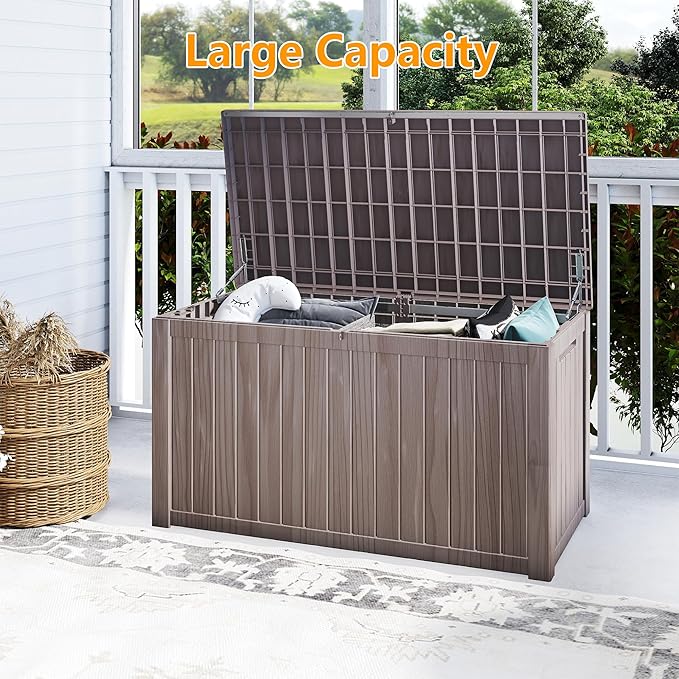 200 Gallon Deck Boxes Outdoor Waterproof, Outdoor Storage Box with Lockable Lid & UV-Resistant for Patio Furniture, Outdoor Cushions, Garden Tools and Pool Supplies, Light Brown