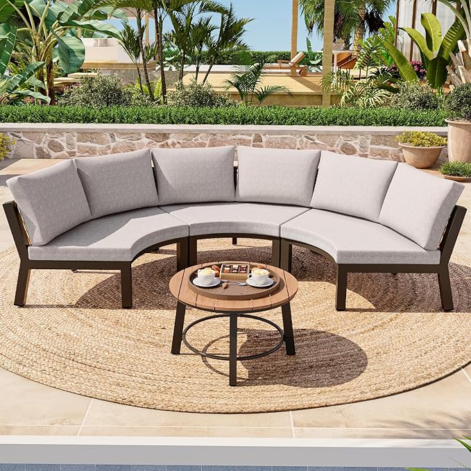 Half Moon Patio Furniture Set, Aluminum Curved Patio Conversation Sets, Luxury Outdoor Sectional Sofa with PE Rope, All-Weather 4 Pcs Outdoor Couch with Modular Coffee Table & Cushions, Gray