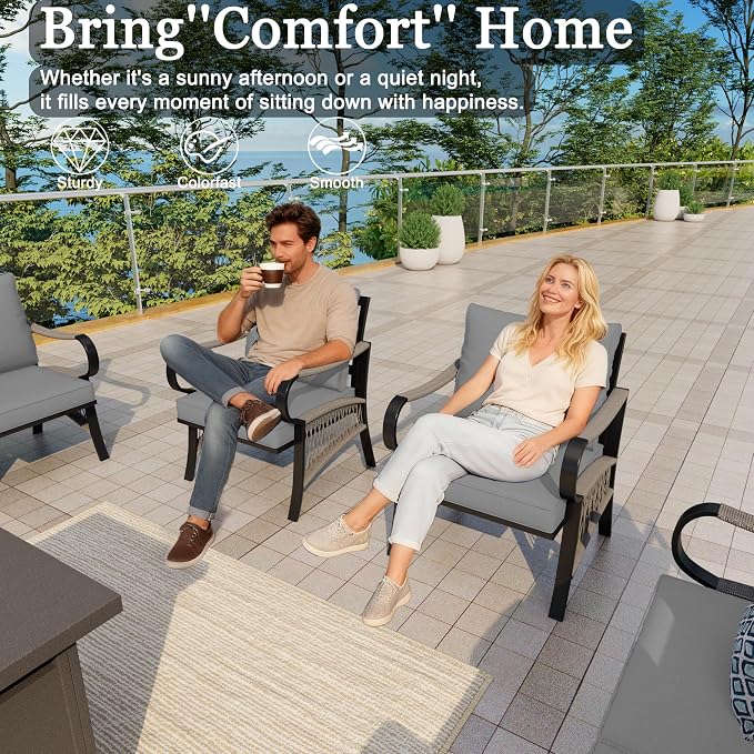 11-Piece Outdoor Furniture Set, Metal Swivel Rocking Chairs with All-Weather Cushions, Patio Conversation Set with Fire Pit Table for Deck, Porch, Garden, Backyard, Poolside (Gray Cushions)
