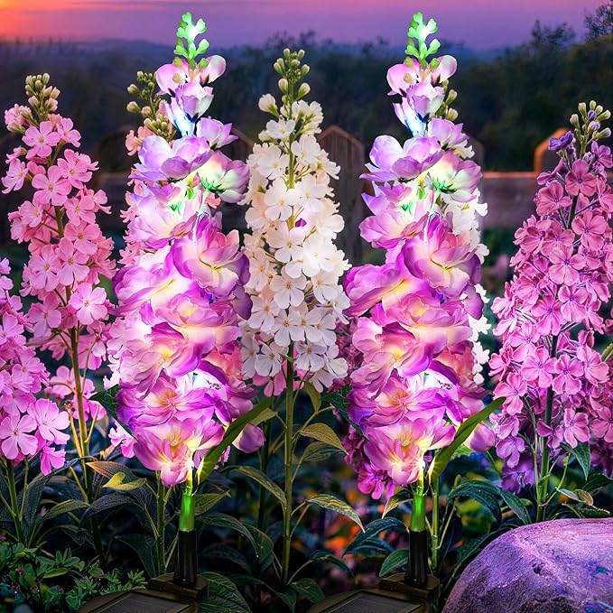 GIGALUMI Solar Lights Outdoor for Garden Decor, 2 Pack Solar Flower Lights Waterproof, 2 Lighting Modes Delphinium for Pathway,Yard, Patio Decoration, Gardening Gifts for Women (Purple)