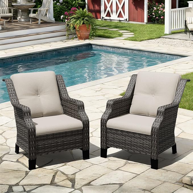 Outdoor Patio Chairs Set of 2, Wicker Patio Furniture with Thick Cushions, Curved Armrest, Deep Seating, Rattan Outdoor Chairs for Porch, Deck, Balcony
