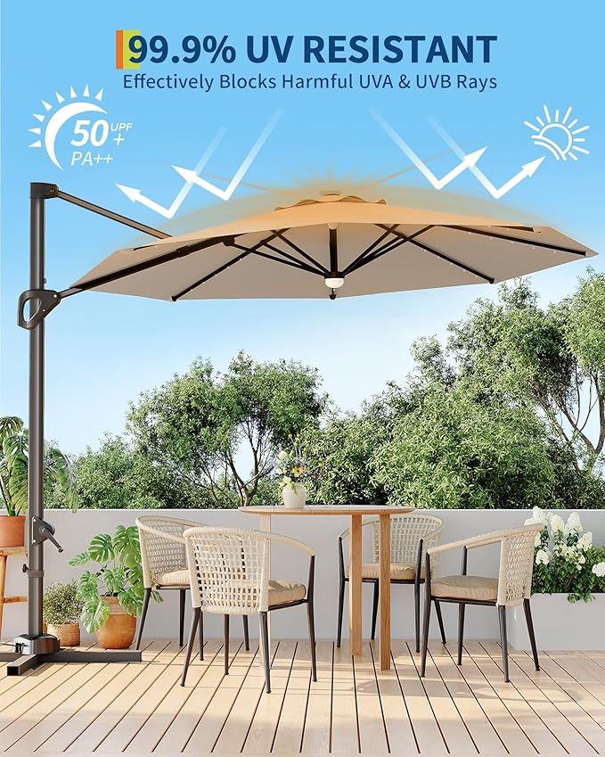 GarveeLife 10FT Patio Umbrella Outdoor Solar LED Large Cantilever Umbrella Market Sun Shade Windproof Offset Umbrella with 360-Degree Rotation for Garden Deck Pool Patio