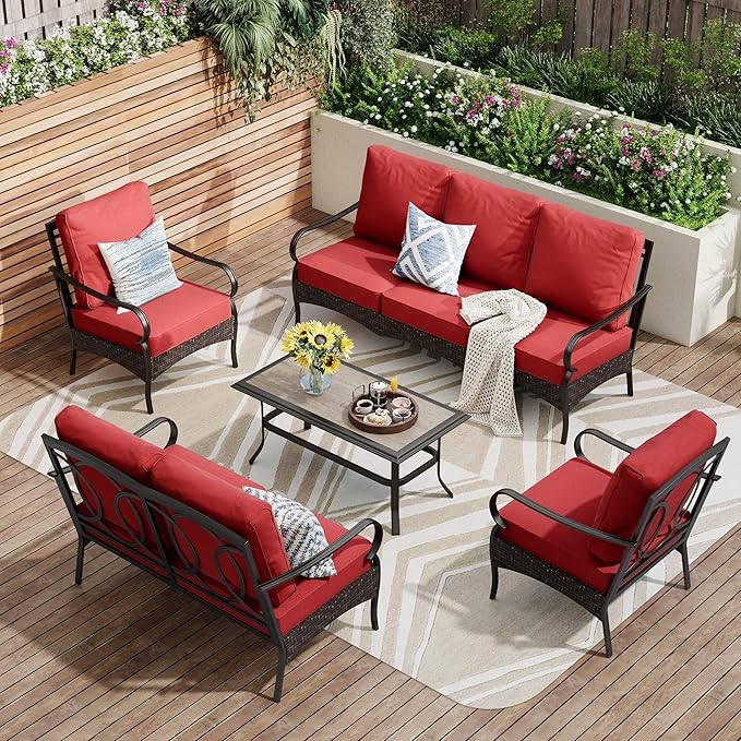 PHI VILLA Outdoor Modern Patio Furniture Set, Upgraded Wicker & Metal Patio Conversation Set with Waterproof Thick Cushions for Porch, Poolside, Yard (5 Pieces,Red)
