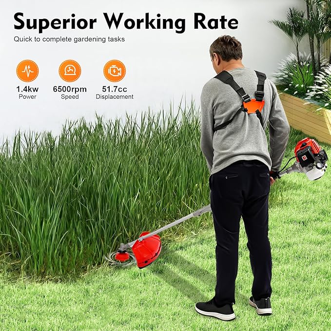 51.7CC 2 Stroke Gas Powered Weed Eater Weed Trimmer 4-in-1 Hedge Trimmer and Chainsaw, Multi Functional Garden Trimming Tools w/Extension Bar for Gardens Parks Yards