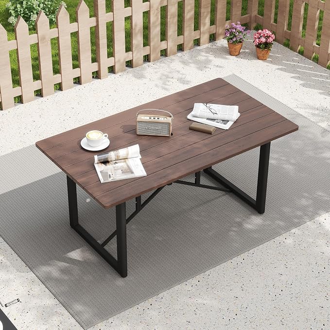 HAPPATIO Outdoor Acacia Wood Dining Table, 6-Person Patio Dining Table with Powder-Coated Aluminum Frame, Rectangle Outdoor Dining Table with Umbrella Hole for Deck Yard Garden