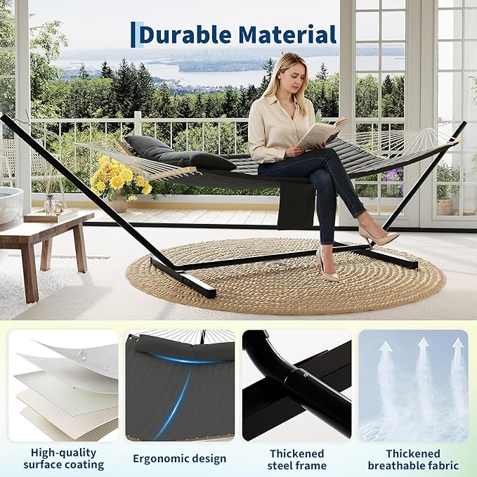 2 Person Double Hammock with Adjustable Steel Stand & Pillow, Heavy Duty Portable Outdoor Hammock Set, MAX 450 LBS Weight Capacity for Patio, Garden, Beach, Backyard