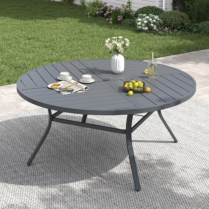 VICLLAX 53" Round Patio Table with Umbrella Hole, All Weather Metal Outdoor Dining Table for 6-8, Outside Table for Lawn Garden, Grey