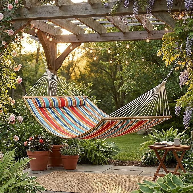 Sunnydaze Quilted Outdoor Hammock with Spreader Bars - Heavy-Duty 450-Pound Capacity Double Hammock for Outside - Caribbean Stripe