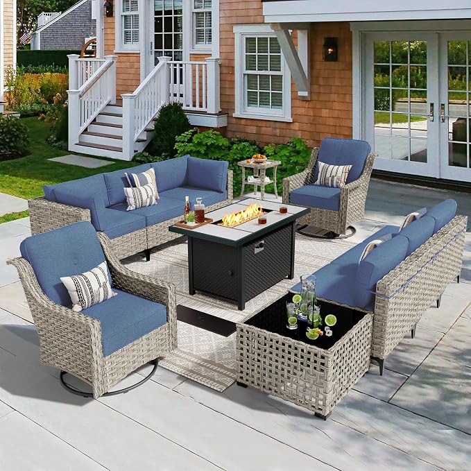 CAODOC 11 Pieces Outdoor Patio Furniture Set, Rattan Wicker Sectional Swivel Rocker Chairs Sets with Fire Pit, Swivel Glider Chairs, and Solar Powered Table