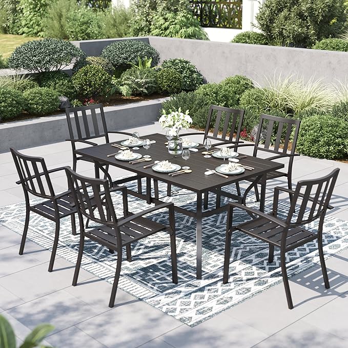 PHI VILLA 7 Piece Outdoor Dining Set for 6, 60” Rectangular Metal Steel Dining Table with Umbrella Hole & Stackable Dining Chairs for Patio, Deck, Yard, Garden