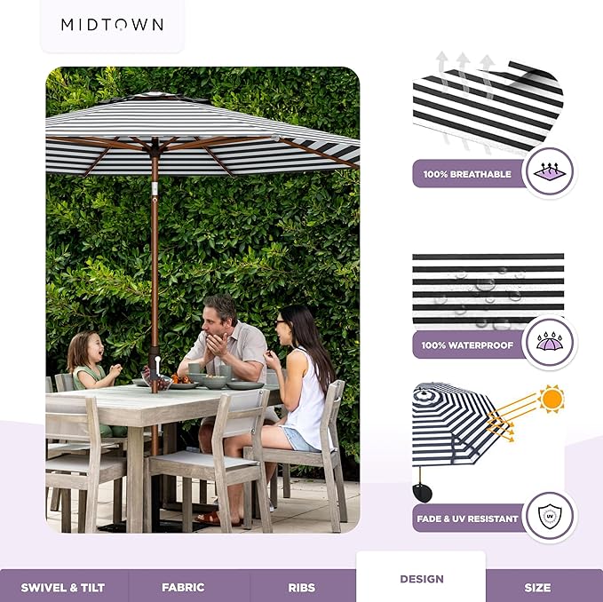 Midtown Umbrellas Wooden 2-8 Ft Patio Umbrella with 360° Swivel & Tilt Mechanism, 8 Fiberglass Ribs & Terylast Polyester Fabric for Deck, Pool, Garden & Porch - Zebra Canopy, Wooden Pole