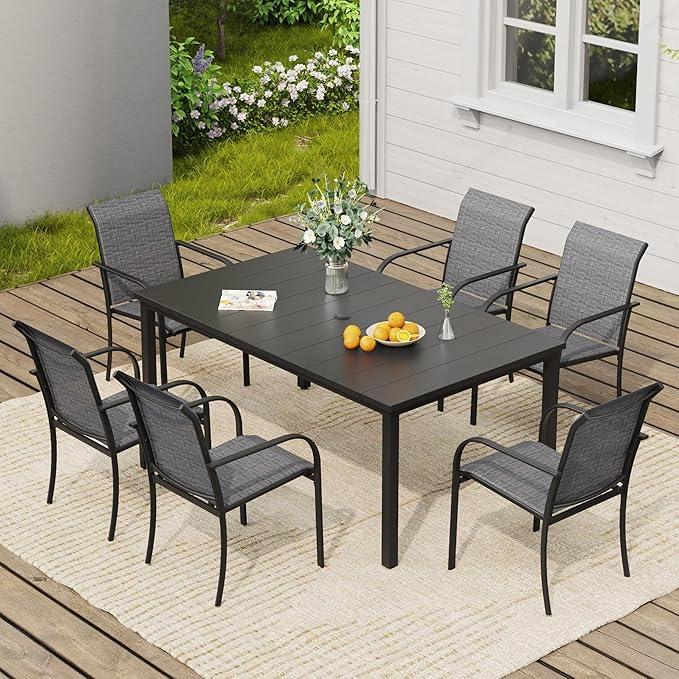 VICLLAX 7 Pieces Patio Dining Set, Patio Furniture Set of 6 Patio Stackable Dining Chairs and Outdoor Metal Table with Umbrella Hole for Backyard Lawn Garden, Dark Grey Chairs and Black Table