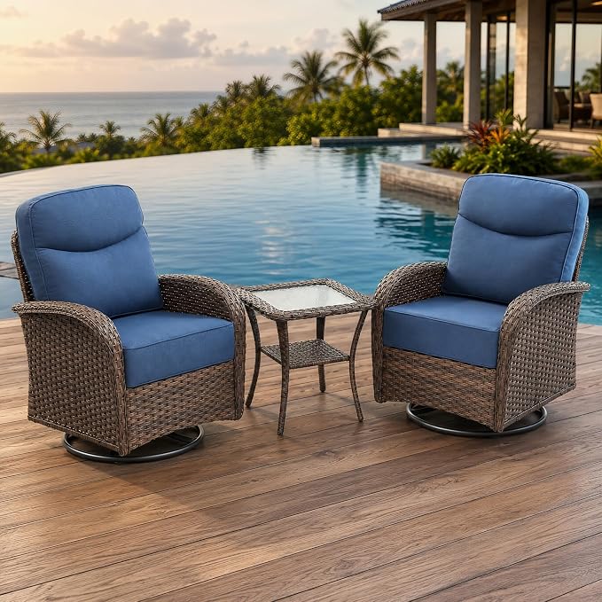 HUMMUH 3-Piece Outdoor Wicker Swivel Rocker Patio Set, High Back | 6 in Olefin seat and back cushions, PE rattan, steel frames, 350 lb chair capacity, for deck, yard, and poolside