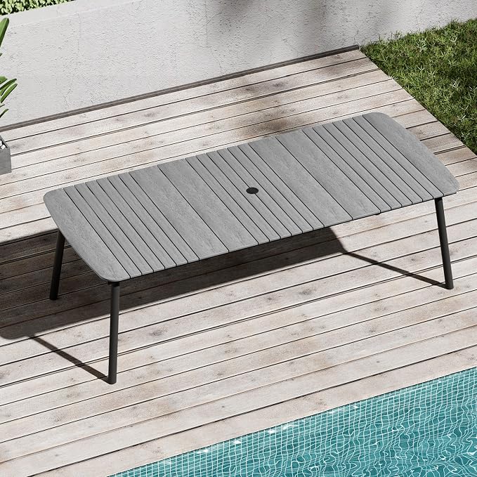 Outdoor Dining Table for 10 Grey 93" Patio Table with Umbrella Hole Rectangle Table with Aluminum Frame and Waterproof Wood-Like Tabletop for Lawn Backyard Garden Poolside
