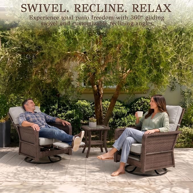Brafab Outdoor Swivel Recliner Chair Set of 3 - Ergonomic Reclining Patio Chair with Adjustable Backrest and Footrest, All-Weather Wicker Chaise Lounge Outdoor with Side Table