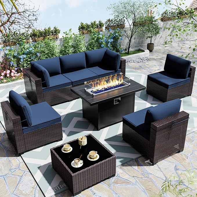Outdoor Terrace Furniture Set, 8 Piece Outdoor Furniture Set, with 43 inch Aluminum 55003 BTU Propane fire Pit, PE Willow Vine Terrace Dialogue Set - Blue.