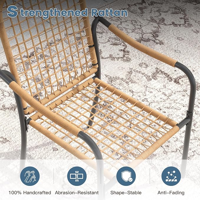 DIFY 9 Pieces Outdoor Dining Set for 8, 53" Round Dining Table with Umbrella Hole & Wicker Stackable Patio Chairs with Cushions, Metal Patio Table and Chairs Set for Backyard Porch Garden, Walnut