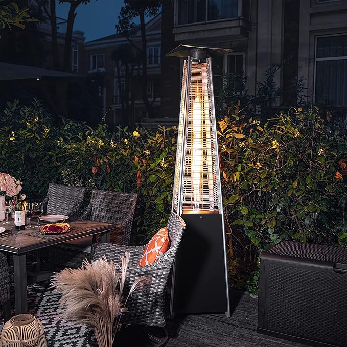 Nuu Garden 48,000 BTU Outdoor Pyramid Propane Patio Heater with Glass Tube, Removable Iron Heater with Wheels for Backyard, Garden, Porch, Patio, Black