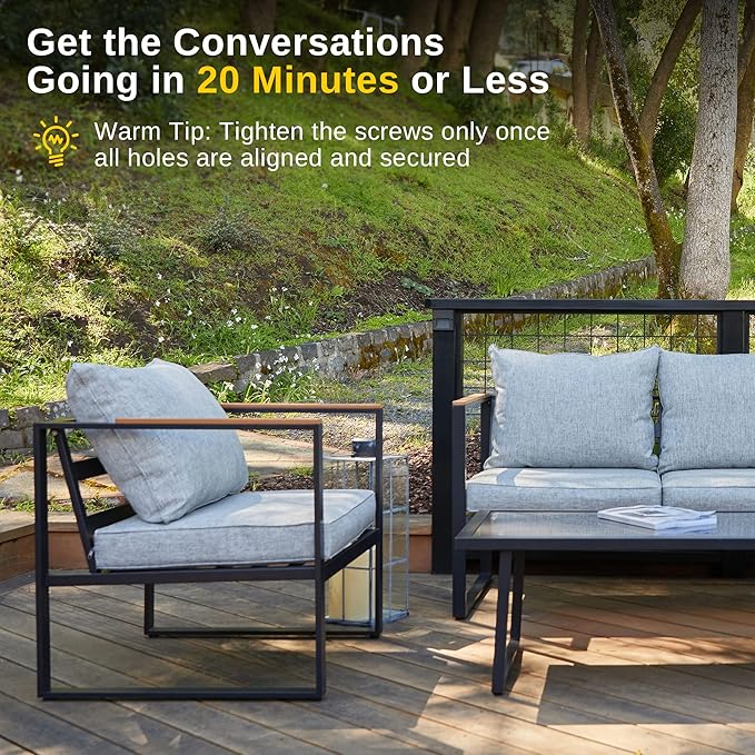 EAST OAK Courtyard Patio Furniture Set, 4-Piece Outdoor Patio Set with Sofa, Removable & Washable Deep Seating Cushion, Tempered Glass Table, Outside Patio Conversation Sets, Black & Grey