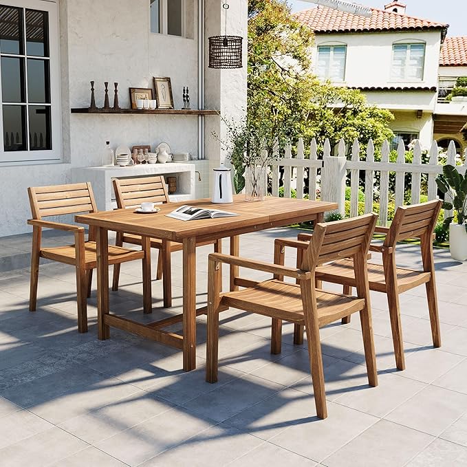VilroCaz 5-Piece Outdoor Acacia Wood Outdoor Dining Set, All-Weather 59'' Rectangular Table with Umbrella Hole and 4 Armchair for Patio Lawn Garden Poolside (Natural-U27)