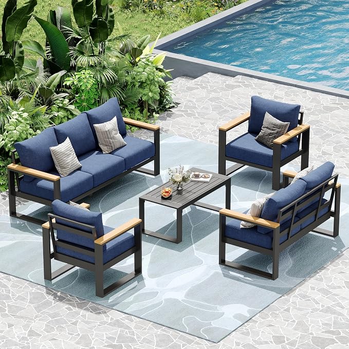 Aluminum Patio Furniture Set, 5 Piece Metal Outdoor Furniture Set with 6″ Thick Washable Cushions & Coffee Table, All Weather Patio Conversation Sets for Yard, Poolside, Garden (Navy Blue)