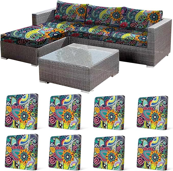 CALBODE 8Pcs Stretch Patio Cushion Cover, Boho Floral Couch & Sofa Slipcovers for Patio Furniture Cushions Washable Reusable Couch Covers Replacement for All Season, Breathable (Paisley, Cover Only)