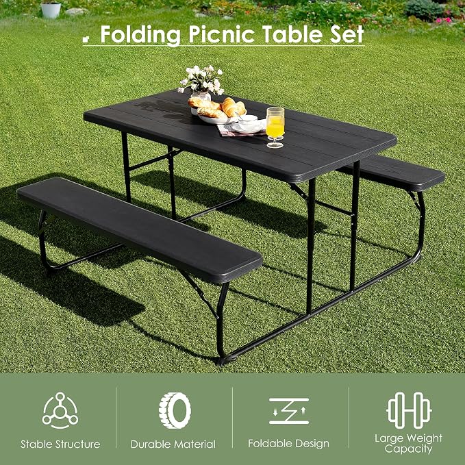 Folding Picnic Table and Bench Set w/Wood Grain for Adults, Indoor & Outdoor Steel Frame Collapsible Camping Table for BBQ, Parties, Camping and Picnic (Black)