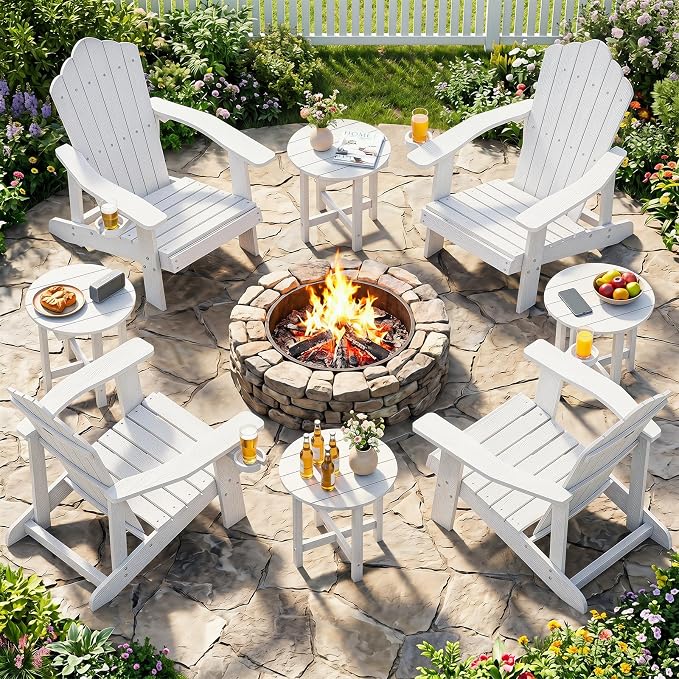 Tangkula Round Outdoor Side Table, Adirondack Side Table with Weather-Resistant, Waterproof Top, Small Outside End Table for Patio Deck Pool Porch, Easy Maintenance (White,1)