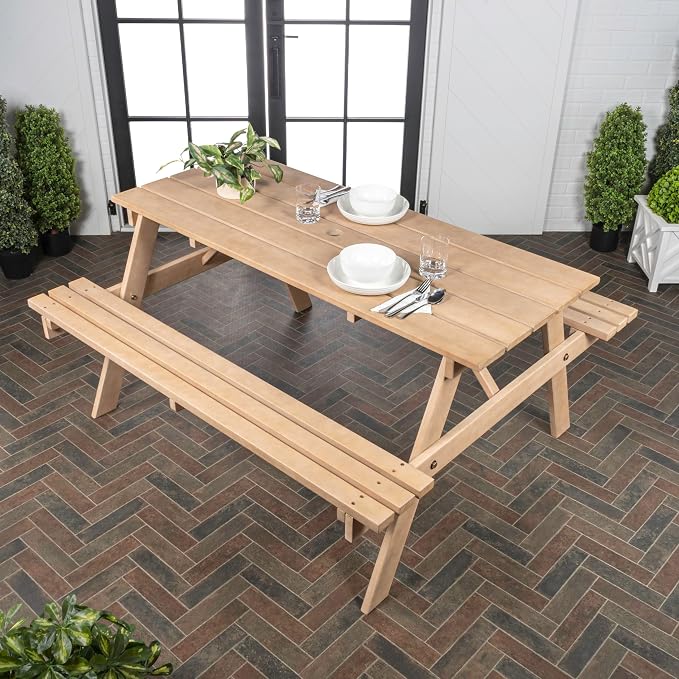 JONATHAN Y Shoreham 55.18" Eucalyptus Wood Outdoor Picnic Table with Benches for Patio, Rectangular Dining Set with 2" Umbrella Hole, Heavy Duty 700 lbs Capacity, Light Teak BNH200B-NEW