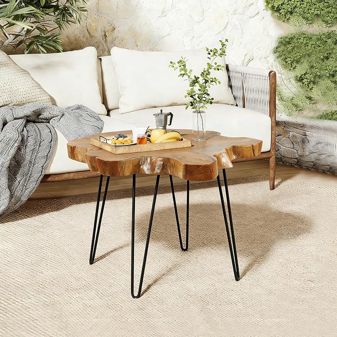 Teak Wood Live Edge Coffee Table 31"x29"x21"H Rustic Outdoor Patio Wooden Couch Sofa End Tables for Dining Living Room Accent Vintage Farmhouse Side Table for Bedroom Home Decor