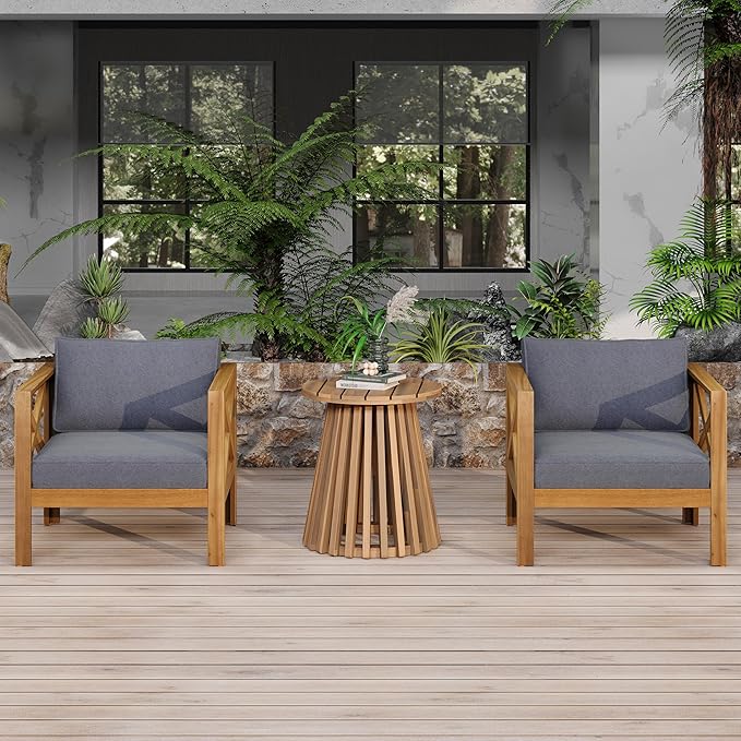 Christopher Knight Home Lucy Acacia Wood Outdoor Patio Furniture Set, 3 Pieces Patio Set, Round Side Table and ArmChairs Conversation Set with Cushion for Garden Lawn Balcony, Dark Gray + Light Teak