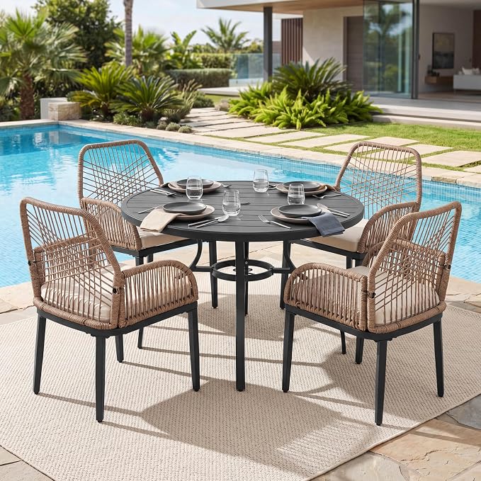 NUU GARDEN 5-Piece Outdoor Dining Set, Round Outdoor Table and Chairs for 4, All Weather Patio Furniture Set with Umbrella Hole, Handwoven Twisted Rattan Outdoor Chairs with Cushions, Brown and Black