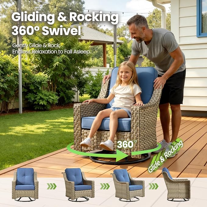 6 Piece Patio Furniture Set with Fire Pit Table, Conversation Sets with High Back Swivel Rocker Chairs, Outdoor Wicker Sofa Loveseat with Comfy Cushion for Backyard Deck Garden, Sapphire Blue
