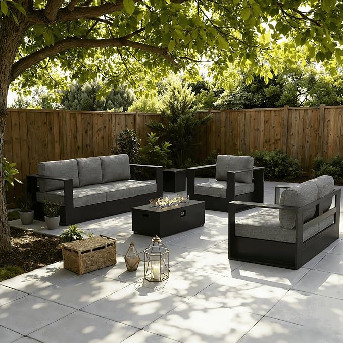 LayinSun Oversized Aluminum Outdoor Furniture Set, 4 Piece Patio Sofa Sets with Fire Pit Table, Deep Seating and Upgraded 6-inch Cushions for Porch, Balcony, Deck