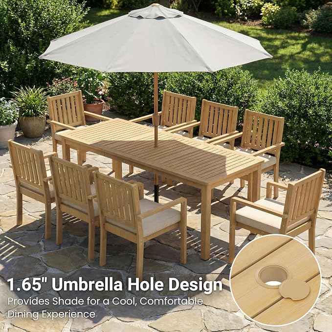 FansaFurn 9 Pieces Acacia Outdoor Patio Table and Chairs Set for All-Weather, Outside Furniture with Table Umbrella Hole and Removable Cushion for 8, Outdoor Patio Furniture Set for Garden, Brown