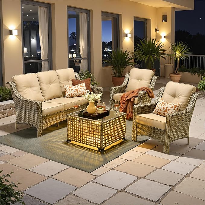 Outdoor Patio Furniture Sets, 4 PCS Patio Conversation Set Outside Rattan Sofa with Solar Light Coffee Table Comfy Cushions Fit Backyard Porch Garden Poolside Balcony,Beige