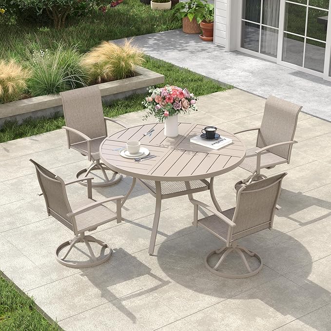 VICLLAX Outdoor Table and Chairs Set for 4, Patio Dining Set of 40.6" Metal Round Patio Table with Umbrella Hole & 4 Swivel Outdoor Dining Chairs for Backyard Lawn, Sandshell