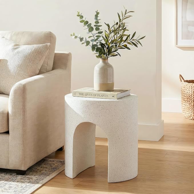 HOMPUS Outdoor Side Table, Concrete End Table w Arch Design, Round Patio MgO Coffee Lightweight Table, Modern Accent Stone Garden Stool for Indoor Outdoor Use, Spotted White