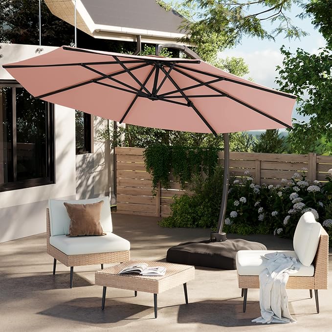 ENSTVER 11FT Cantilever Patio Umbrella With Base Included, Round Large Aluminum Outdoor Cantilever, Heavy Duty Offset Umbrella with 360°Rotation for Pool, Deck, Backyard, Garden(Pink)