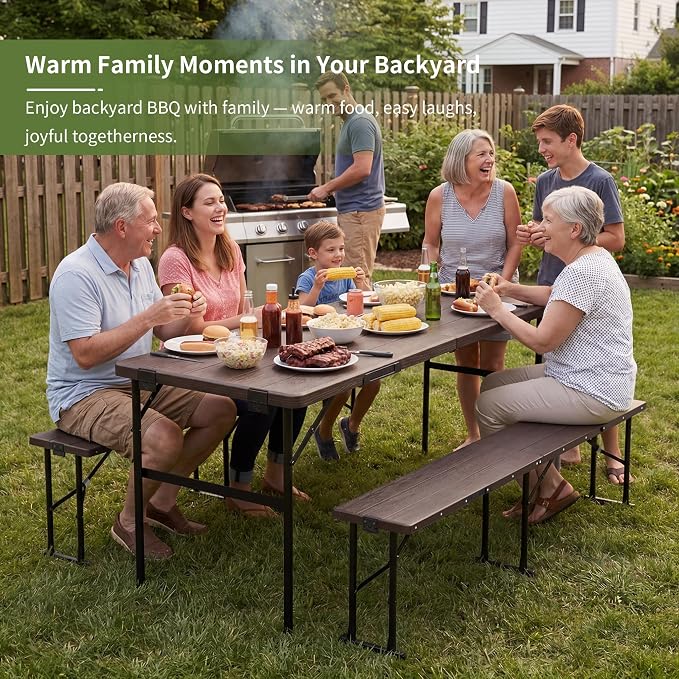 Picnic Table Set with 2 Benches,6 Feet Folding Camping Table Chair Set with Wood Grain Tabletop,3-Piece Outdoor Indoor Portable Folding Furniture for Party, Camping, Picnic, Weddings (Brown)