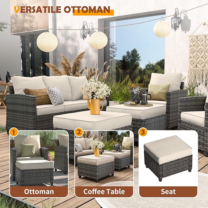 UDPATIO Patio Furniture Set, 5 Pieces Outdoor Sectional Sofa Set, All-Weather Wicker Rattan High Back Outdoor Conversation Set with Ottoman for Poolside, Backyard, Grey Wicker Khaki Cushion