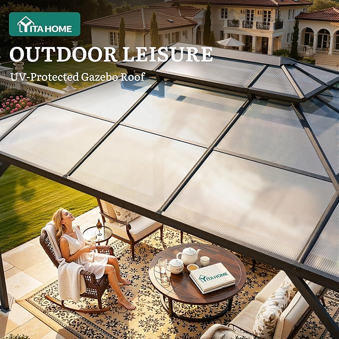 YITAHOME 10X12FT Polycarbonate Gazebo Outdoor Patio Double Top Canopy Galvanized Iron Aluminum Column Garden Tent Curtains Netting for Backyards Decks Lawns,Gray
