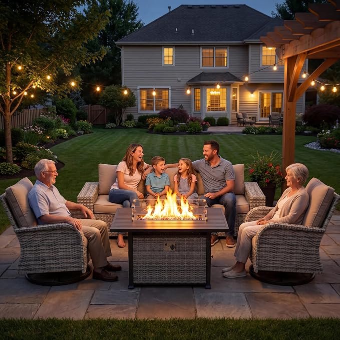 16-Piece Outdoor Patio Furniture Set with Rocking Swivel Chair, PE Wicker Rattan Sectional Sofa Patio Conversation Set with 55,000 BTU Fire Pit Table & Coffee Table, Turquoise