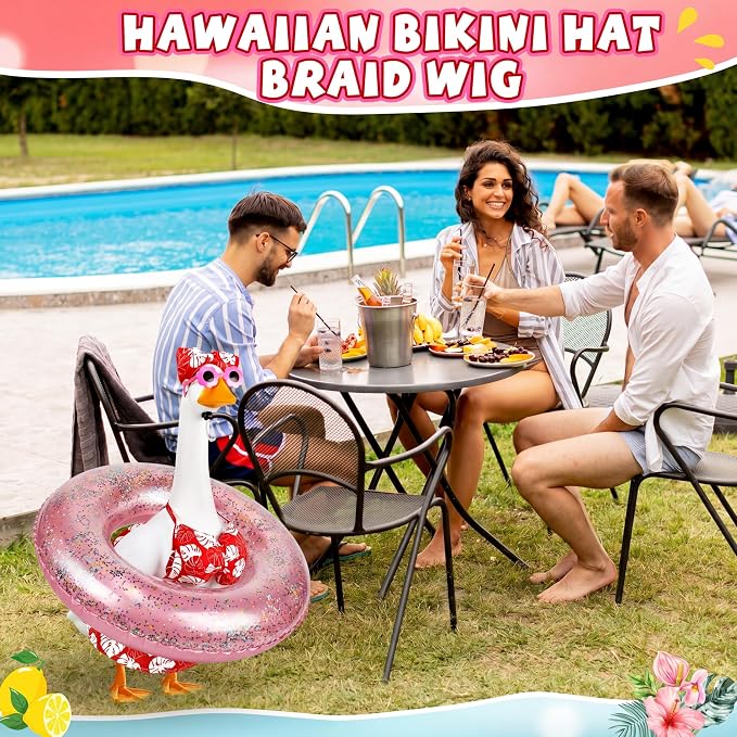 Bikini Porch Goose Outfits with Sunglasses and Swimming Tube for 23" Summer Goose Costume Garden Patio Statue Decor(Hot Pink Monstera)